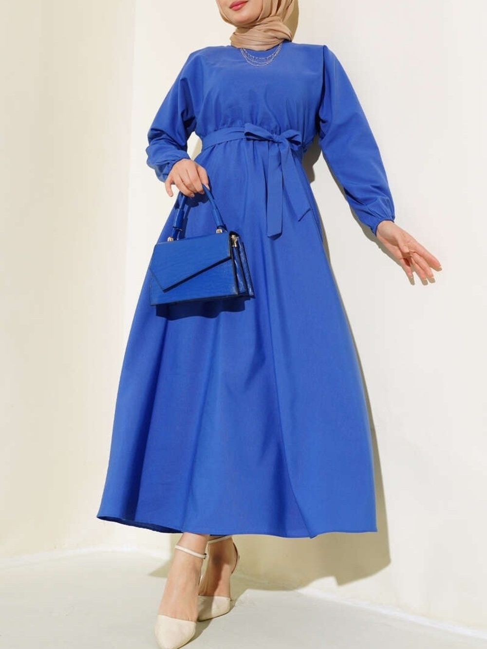 Modest Belted Waist A-Line Maxi Dress – Royal Blue – Size L